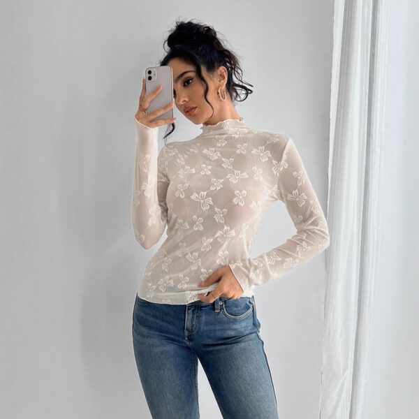 Butterfly Jacquard Mesh Slim Fit Stand-up Collar Long-sleeved - Image 5