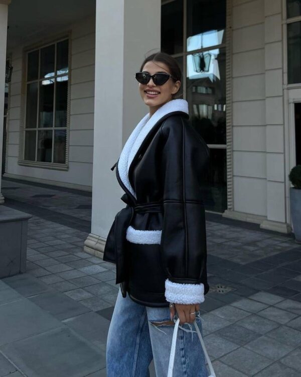 Leather And Fur Korean Style Long Sleeve Splicing Coat Women - Image 5
