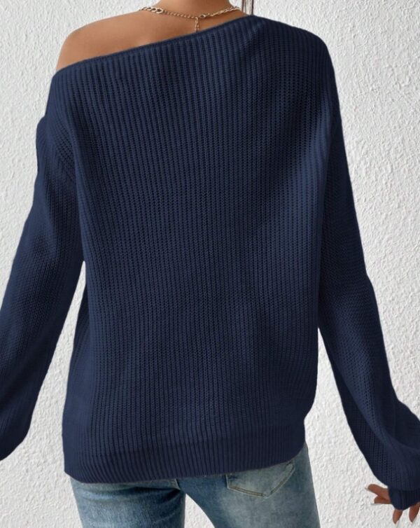 Solid Ribbed Knit Asymmetrical Shoulder Sweater,Long Sleeve Tops - Image 4