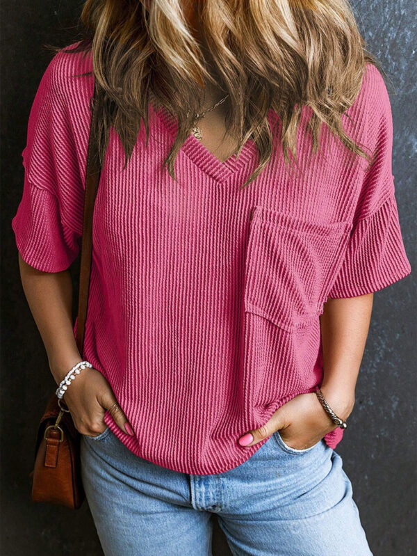 Fashionable Two-tone Pullover Short Sleeve V-neck Top For Women - Image 7