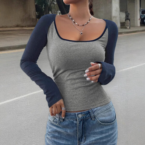 Women's Casual Color Matching Square Collar Long Sleeve T-shirt Spring And Autumn Women's Top - Image 3