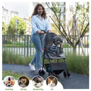 Foldable Pet Stroller, Small Dog Cat Stroller With Storage Basket For Small Puppies, Gray And Black