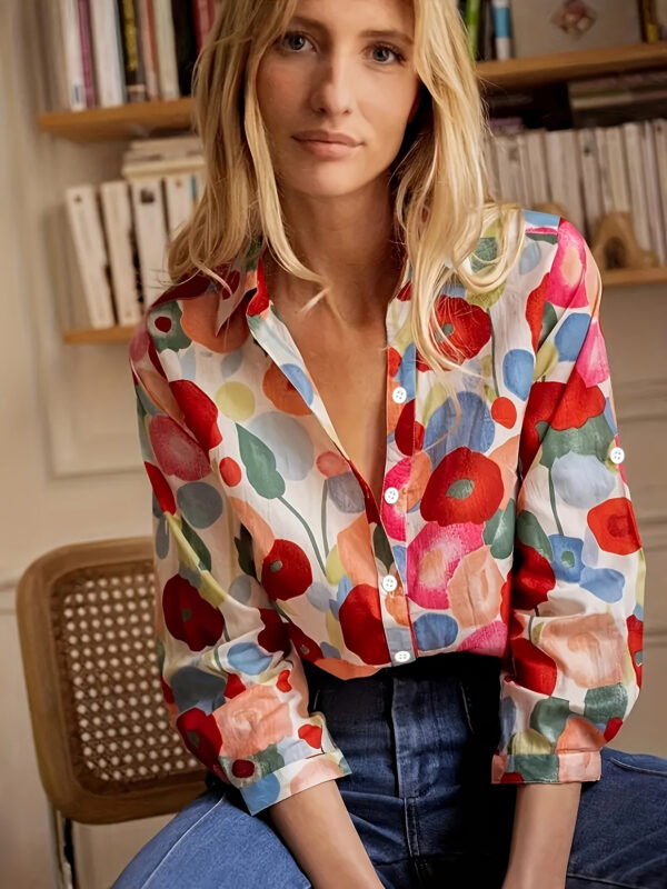 Women's Shirt Long Sleeved Shirt Casual Printed Flower Shirt - Image 4