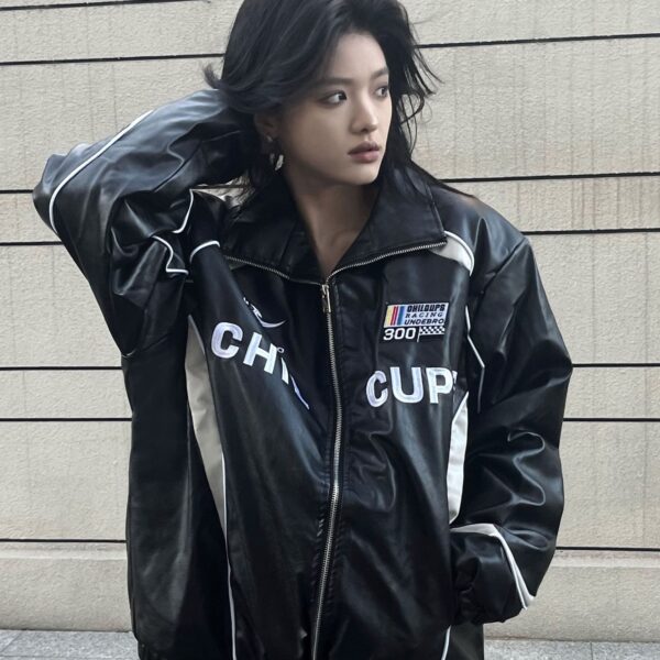 Loose American Couple Embroidered Motorcycle PU Jacket - Image 10