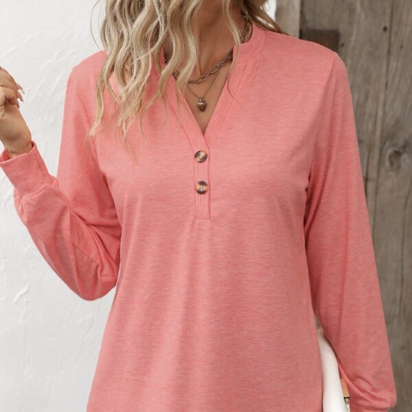 Ladies' Fashion New Button Peach Red Open Neck T-shirt Casual Top - Image 3