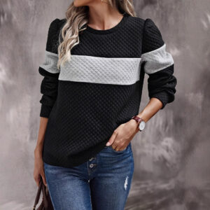 Women's Spring And Autumn Leisure Loose Color Contrast Round Neck Long Sleeve Texture Hoodie