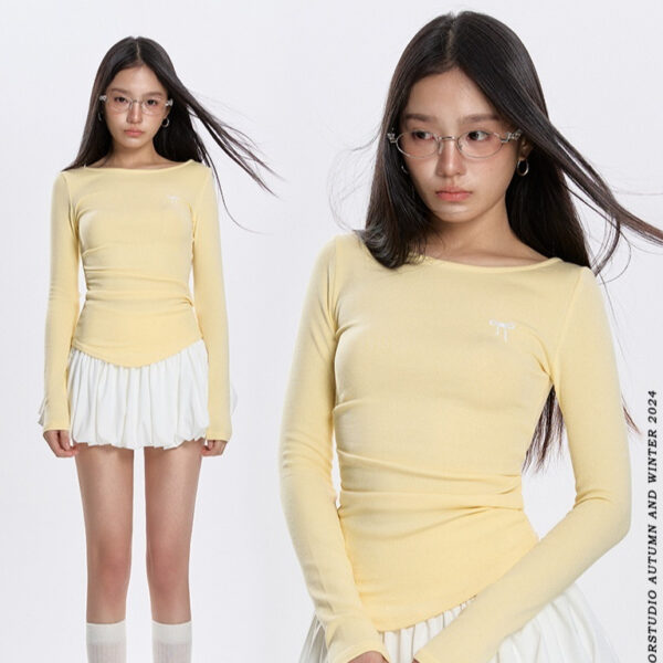 Early Spring Round Neck Pleated All-match Long-sleeved T-shirt - Image 4