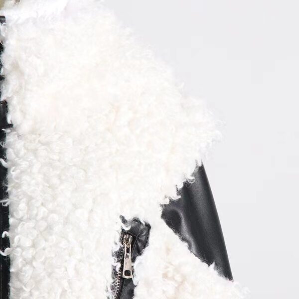 Women's Lamb Wool Stitching PU Leather Zipper Jacket - Image 4