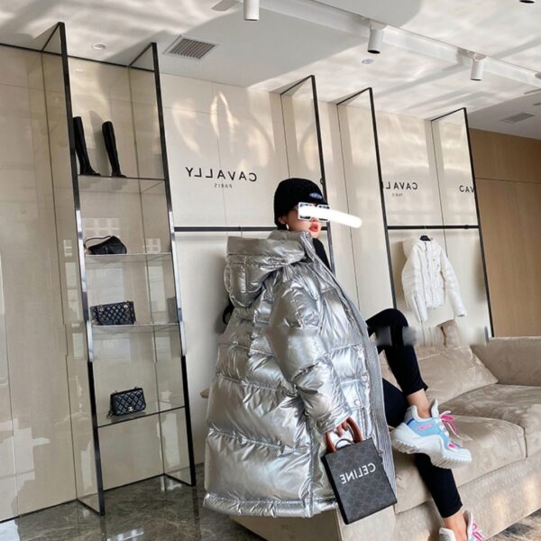 Women's Long Pink Glossy Fur Collar Winter High-end Down Jacket - Image 7