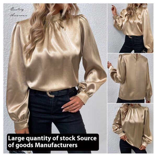 Stand-up Collar Puff Sleeve T-shirt Female Satin - Image 3