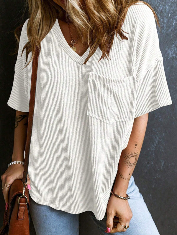 Fashionable Two-tone Pullover Short Sleeve V-neck Top For Women - Image 9
