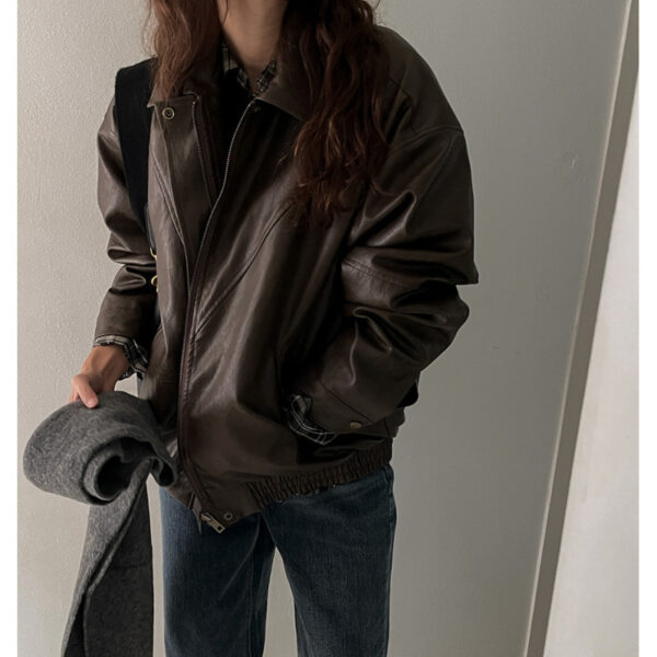 South Korea Chic Early Autumn Retro Handsome Motorcycle Leather Coat - Image 7