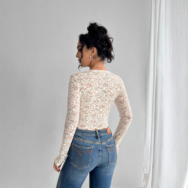 Solid Color Sexy Lace V-neck Long Sleeve T-shirt - Image 6