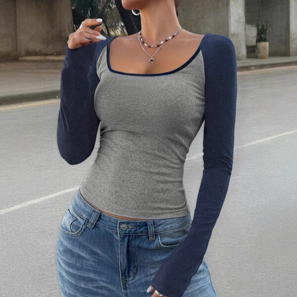 Women's Casual Color Matching Square Collar Long Sleeve T-shirt Spring And Autumn Women's Top - Image 5
