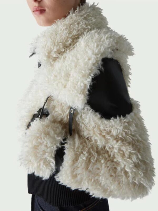 Women's Lamb Wool Stitching PU Leather Zipper Jacket - Image 6