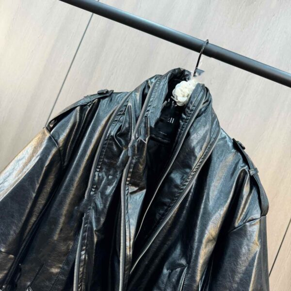 Cuffed Zipper Collar Button PU Leather Jacket Cotton Padded Jacket - Image 3