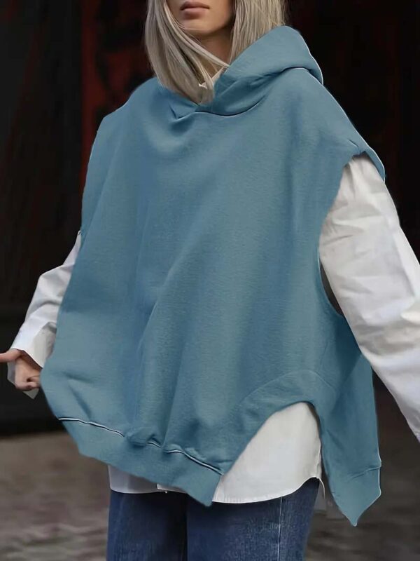 Women's Solid Color Style Loose Sleeveless Hooded Jacket Sweater - Image 6