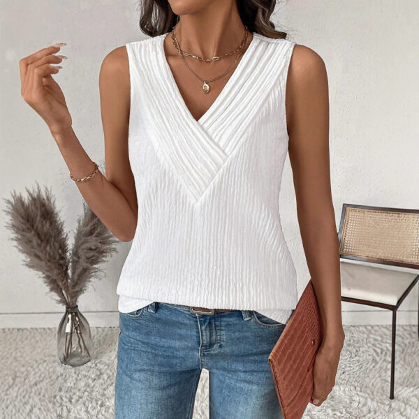 Women's Fashion Casual Sleeveless V-Neck Layered Collar Pleated Texture Jacquard Tank Top - Image 4