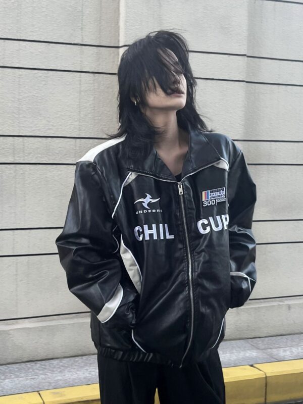 Loose American Couple Embroidered Motorcycle PU Jacket - Image 4