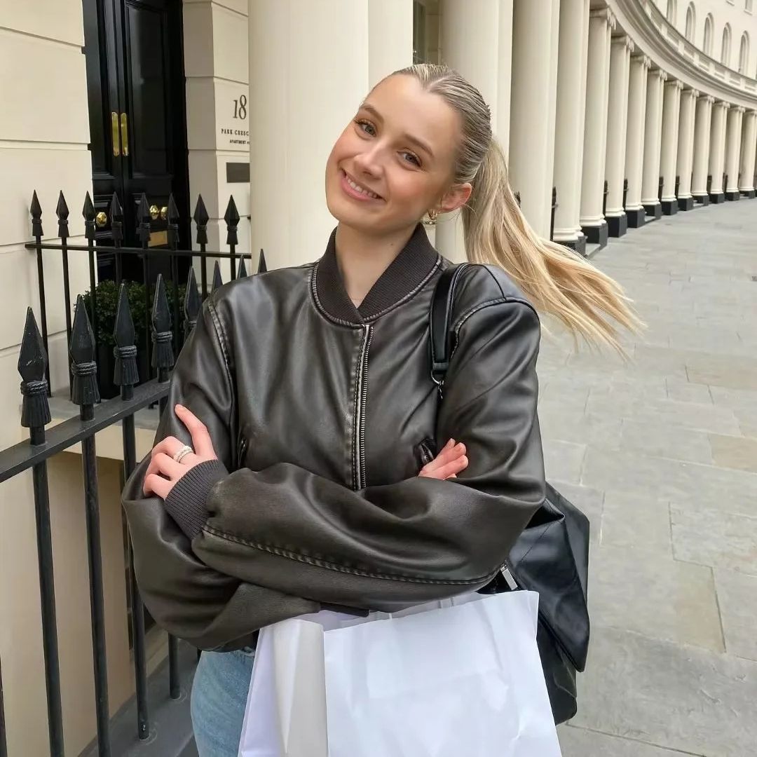 Women's Stand Collar Motorcycle Pilot Jacket - Image 7