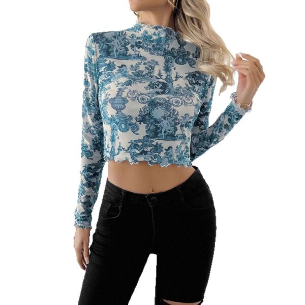 Transparent Blue Printed Long-sleeved Small Stand Collar Mesh Short T-shirt - Image 3