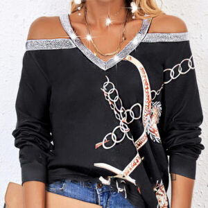 Women's Fashion New Chain Printed Sequin Cold Shoulder Long Sleeved Sweatshirt With Exposed Shoulder Top