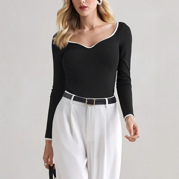 Women's Slim-fit Elegant Color-matching Long-sleeved Casual T-shirt - Image 2