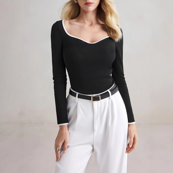 Women's Slim-fit Elegant Color-matching Long-sleeved Casual T-shirt - Image 3