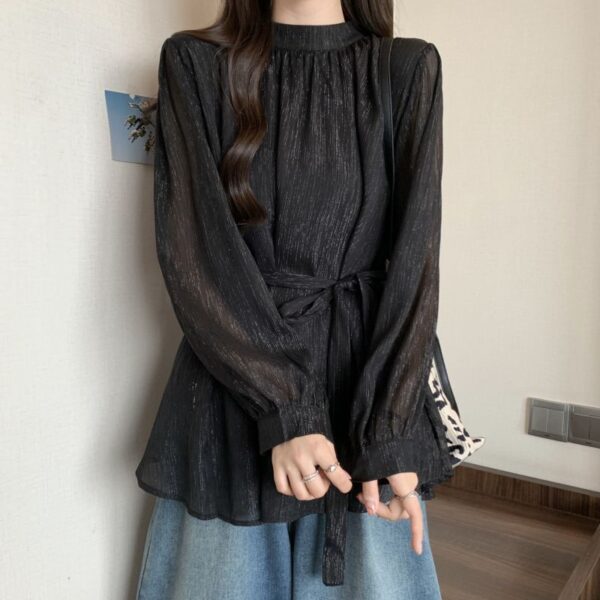 Design Lace-up Waisted Long-sleeved Shirt Women - Image 2