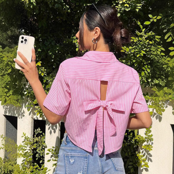 Women's Striped Back Bow Casual Vacation Short-sleeved Shirt - Image 4