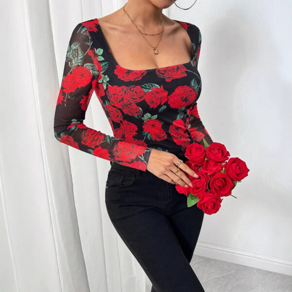 Romantic Rose Flower Mesh Printed Sexy U-neck T-shirt - Image 4